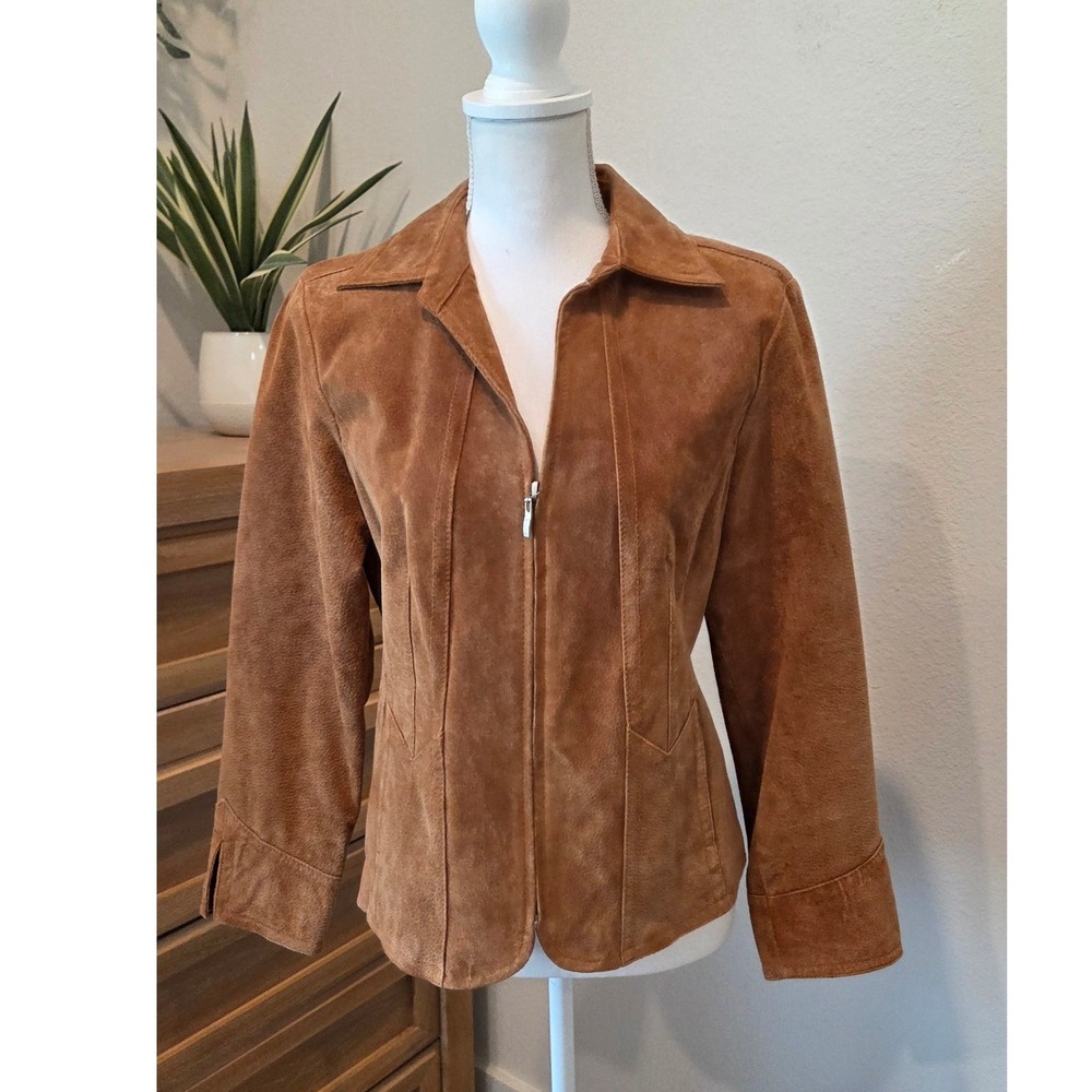 Live A Little Suede Leather Jacket Zip Front Brown Western Boho Petite L PL